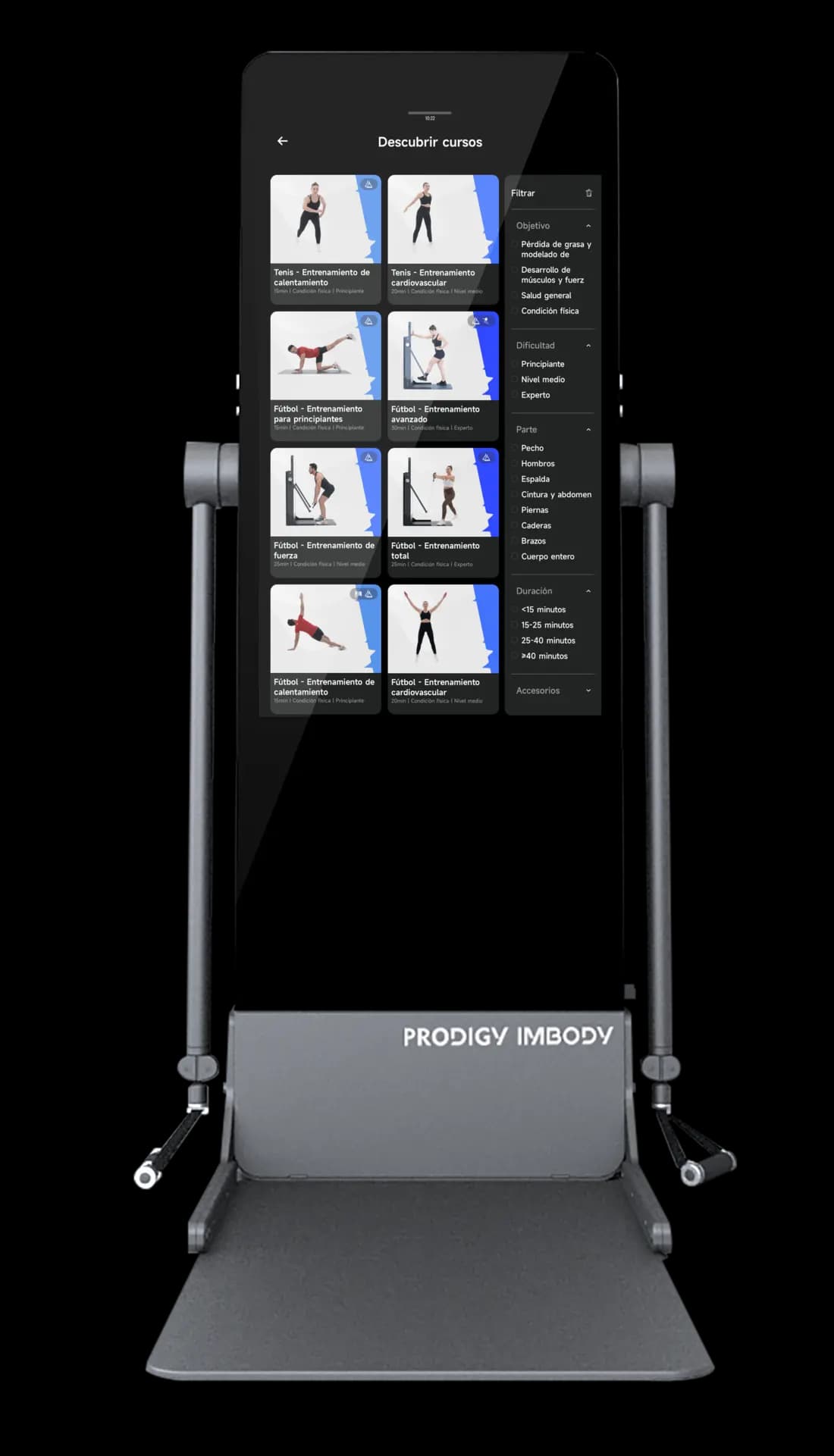 Vista frontal do Prodigy IMBODY Power S Pro com o catálogo de cursos no ecrã